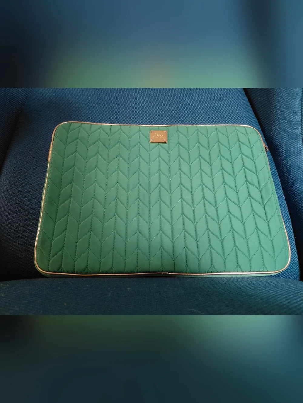Lauren Ralph Lauren Green Gold Quilted Ipad Tablet Small Laptop Sleeve Case
